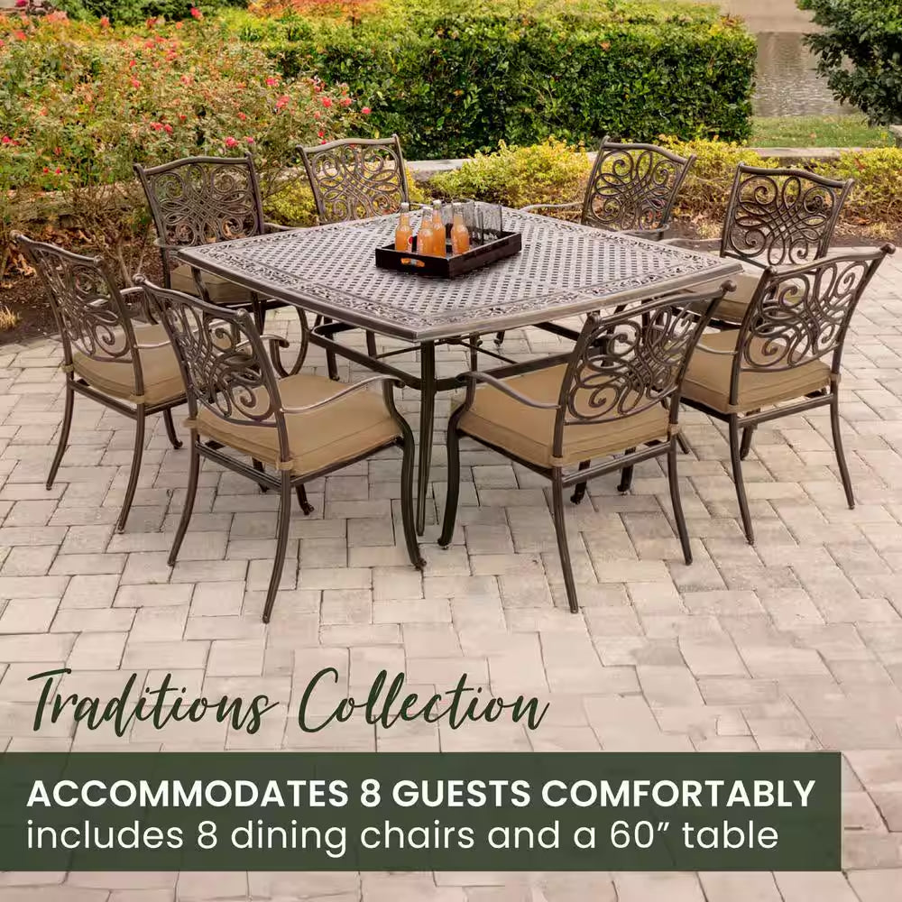 Traditions 9-Piece Aluminium Square Patio Dining Set with Eight Stationary Dining Chairs and Natural Oat Cushions