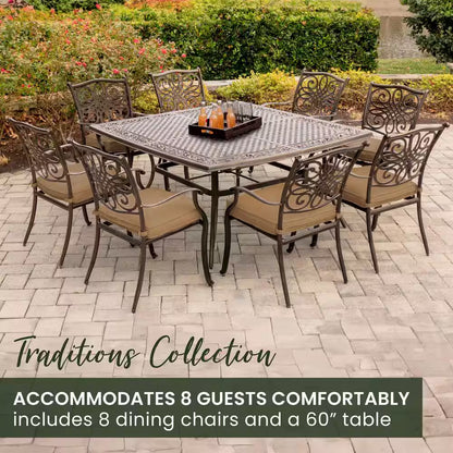 Traditions 9-Piece Aluminium Square Patio Dining Set with Eight Stationary Dining Chairs and Natural Oat Cushions