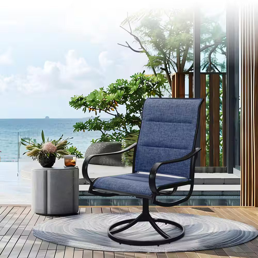 Black 9-Piece Metal Outdoor Patio Dining Set with Extendable Table and Padded Blue Textilene Swivel Chairs