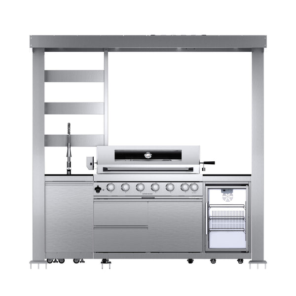 Castelle Flame Astoria 94-Inch 6-Burner 85K BTU Outdoor Kitchen Grill Island With Wine Cooler, Rotisserie, Cabinets, And Granite Countertops
