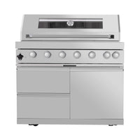 Castelle Flame Astoria 94-Inch 6-Burner 85K BTU Outdoor Kitchen Grill Island With Wine Cooler, Rotisserie, Cabinets, And Granite Countertops