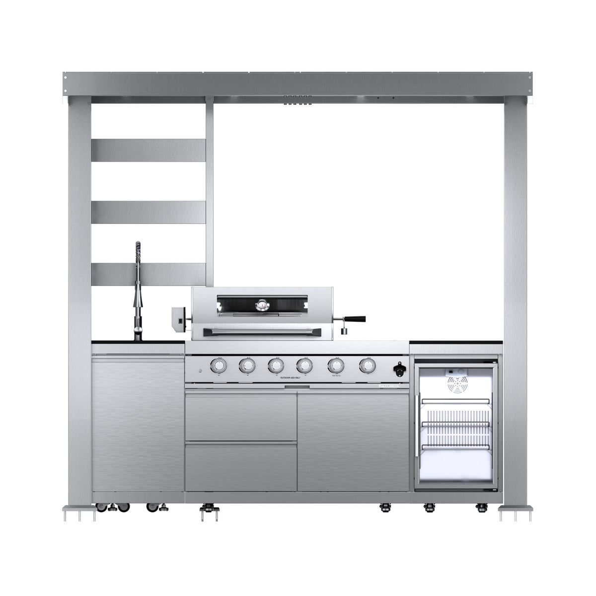 Castelle Flame Amalfi 97-Inch 4-Burner 72K BTU LP Outdoor Kitchen Grill Island With Wine Cooler, Rotisserie, Cabinets, And Granite Countertops