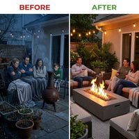 Matteau Low 60 In. L X 12 In. H Outdoor Rectangular Concrete Composite Propane Fire Table in Flint with Vinyl Cover — Before & After