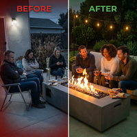 Outdoor Propane Fire Table Built for Premium Gatherings, 60000 BTU Burner, Concrete Composite, Vinyl Cover — Before & After