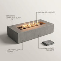 Outdoor Propane Fire Table Built for Premium Gatherings, 60000 BTU Burner, Concrete Composite, Vinyl Cover — infographic
