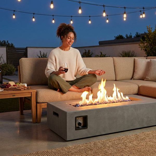 Outdoor Propane Fire Table Built for Premium Gatherings, 60000 BTU Burner, Concrete Composite, Vinyl Cover