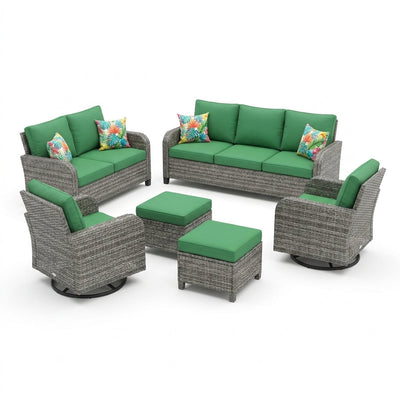 Patio Conversation Set Built for Outdoor Entertaining, Swivel Rockers, Green Cushions, Seats 7 People