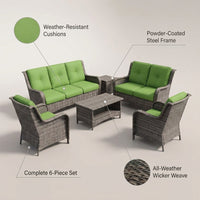 Patio Furniture Set 6-Piece Outdoor Patio Conversation Set with Green Cushions Lawn Furniture — infographic