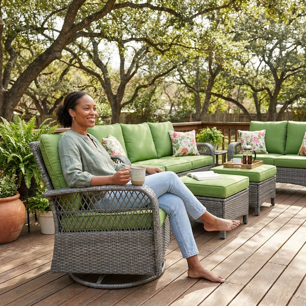 Patio Conversation Set Built for Outdoor Entertaining, Swivel Rockers, Green Cushions, Seats 7 People