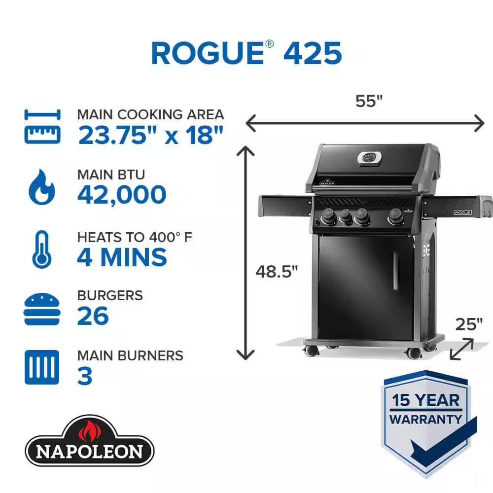 Rogue 425 3-Burner Natural Gas Grill in Black with Cast Iron Cooking Grids and Range Side Burner