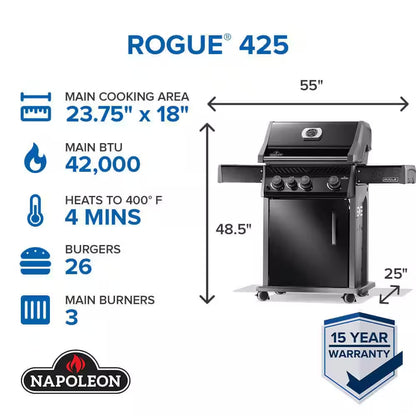 Rogue 425 3-Burner Natural Gas Grill in Black with Cast Iron Cooking Grids and Range Side Burner