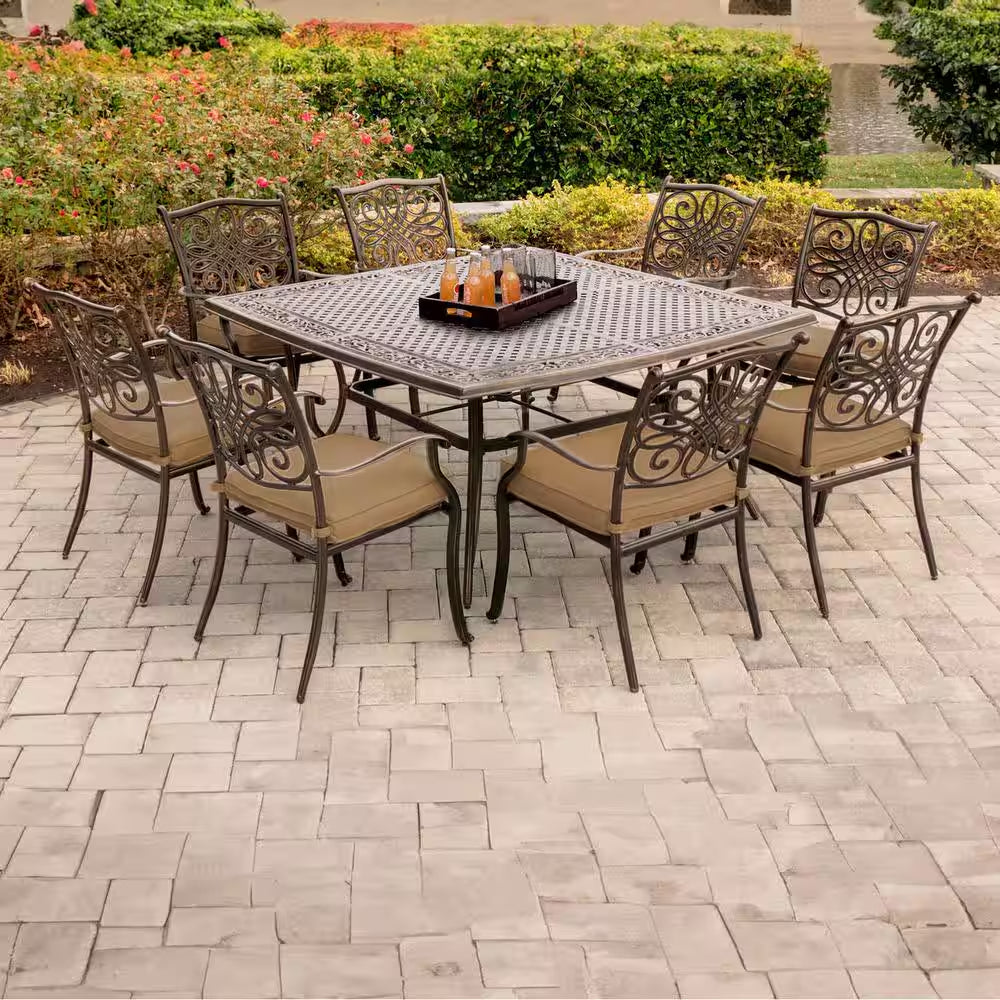Traditions 9-Piece Aluminium Square Patio Dining Set with Eight Stationary Dining Chairs and Natural Oat Cushions