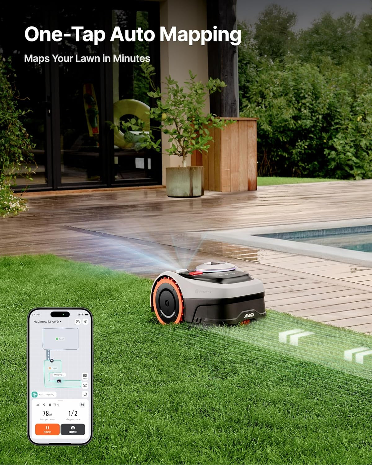 Segway  I210 AWD Robot Lawn Mower, Wire-Free Robotic Mower, All-Wheel Drive for 45% Slopes, 2–3.6 in Adjustable Cutting Height, NRTK + Vision, Auto Mapping, 5.1Ah Battery, Covers 0.25 Acre