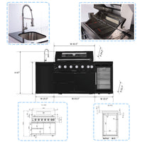 Castelle Flame Avalon 43-Inch 6-Burner 85K BTU Outdoor BBQ Kitchen Grill Island With Wine Fridge, Rotisserie Kit, And Sink