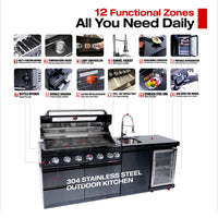 Castelle Flame Avalon 43-Inch 6-Burner 85K BTU Outdoor BBQ Kitchen Grill Island With Wine Fridge, Rotisserie Kit, And Sink