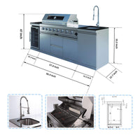Castelle Flame Capri 96-Inch 6-Burner 85000 BTU Outdoor Kitchen Liquid Propane Grill Island With Fridge