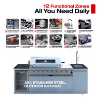 Castelle Flame Capri 96-Inch 6-Burner 85000 BTU Outdoor Kitchen Liquid Propane Grill Island With Fridge