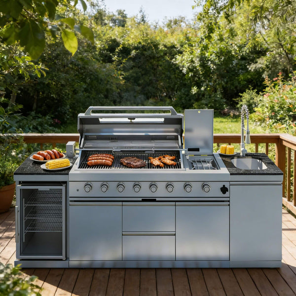 Castelle Flame Capri 96-Inch 6-Burner 85000 BTU Outdoor Kitchen Liquid Propane Grill Island With Fridge
