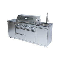 Castelle Flame Valmont 43-Inch 6-Burner 85K BTU Outdoor BBQ Kitchen Grill Island With Granite Countertops, Rotisserie Kit, Cabinets, And Sink