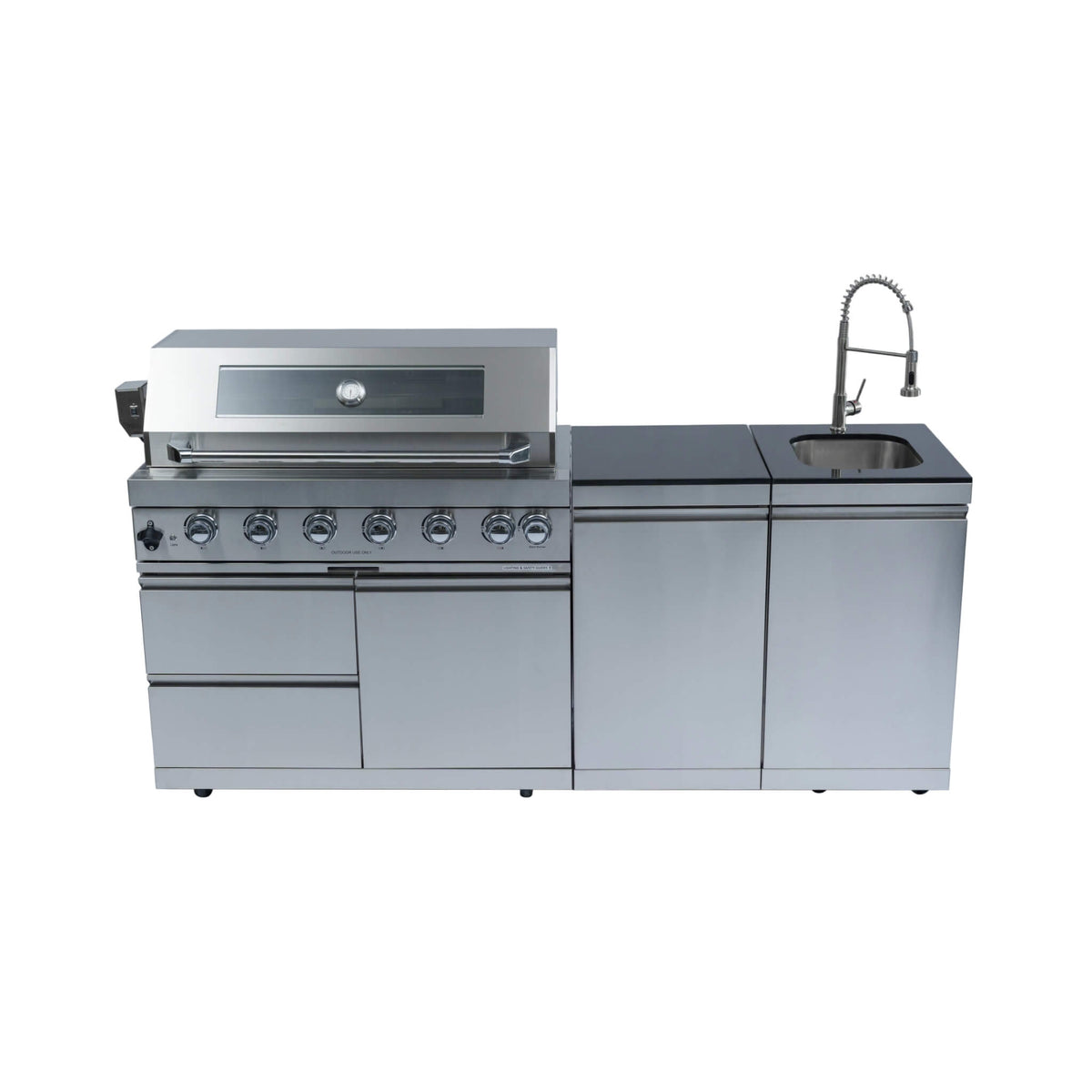 Castelle Flame Valmont 43-Inch 6-Burner 85K BTU Outdoor BBQ Kitchen Grill Island With Granite Countertops, Rotisserie Kit, Cabinets, And Sink
