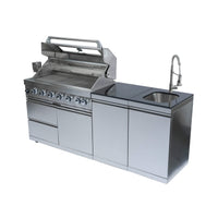Castelle Flame Valmont 43-Inch 6-Burner 85K BTU Outdoor BBQ Kitchen Grill Island With Granite Countertops, Rotisserie Kit, Cabinets, And Sink