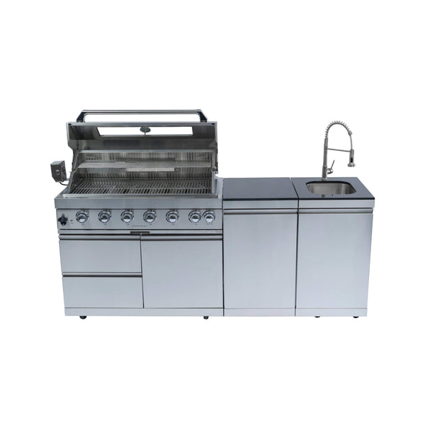 Castelle Flame Valmont 43-Inch 6-Burner 85K BTU Outdoor BBQ Kitchen Grill Island With Granite Countertops, Rotisserie Kit, Cabinets, And Sink