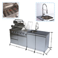 Castelle Flame Aurelia 46-Inch 4-Burner 72K BTU Stainless Steel Outdoor BBQ Kitchen Grill Island With 46-Inch 4-Burner 85K BTU Grill, Rotisserie Kit, And Cabinets