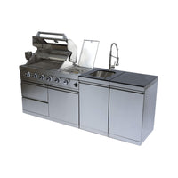 Castelle Flame Aurelia 46-Inch 4-Burner 72K BTU Stainless Steel Outdoor BBQ Kitchen Grill Island With 46-Inch 4-Burner 85K BTU Grill, Rotisserie Kit, And Cabinets