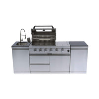 Castelle Flame Aurelia 46-Inch 4-Burner 72K BTU Stainless Steel Outdoor BBQ Kitchen Grill Island With 46-Inch 4-Burner 85K BTU Grill, Rotisserie Kit, And Cabinets