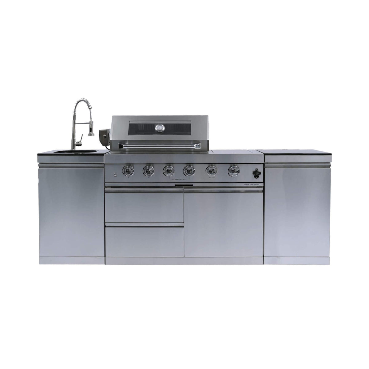 Castelle Flame Aurelia 46-Inch 4-Burner 72K BTU Stainless Steel Outdoor BBQ Kitchen Grill Island With 46-Inch 4-Burner 85K BTU Grill, Rotisserie Kit, And Cabinets