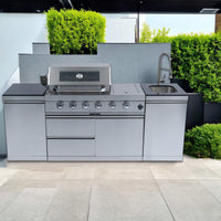 Castelle Flame Aurelia 46-Inch 4-Burner 72K BTU Stainless Steel Outdoor BBQ Kitchen Grill Island With 46-Inch 4-Burner 85K BTU Grill, Rotisserie Kit, And Cabinets