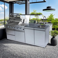 Castelle Flame Aurelia 46-Inch 4-Burner 72K BTU Stainless Steel Outdoor BBQ Kitchen Grill Island With 46-Inch 4-Burner 85K BTU Grill, Rotisserie Kit, And Cabinets