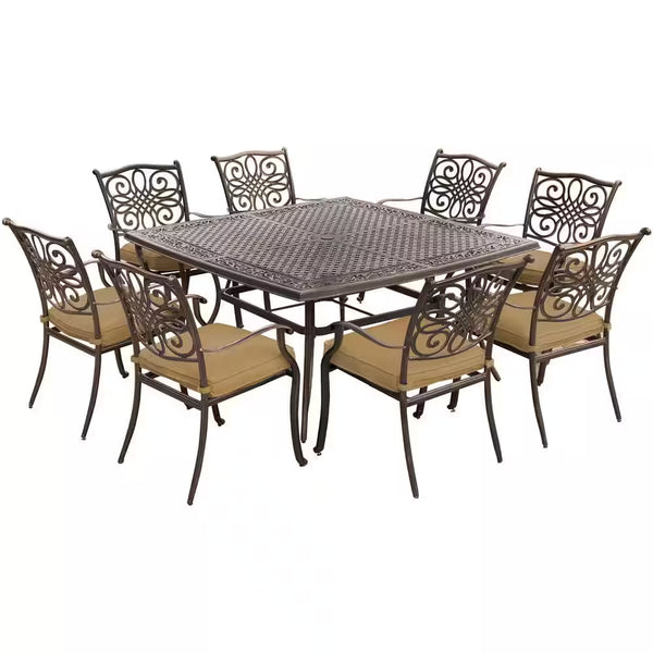 Traditions 9-Piece Aluminium Square Patio Dining Set with Eight Stationary Dining Chairs and Natural Oat Cushions