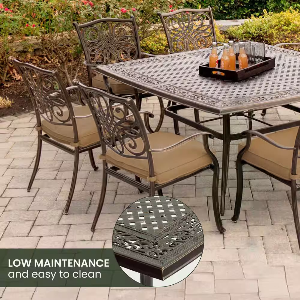 Traditions 9-Piece Aluminium Square Patio Dining Set with Eight Stationary Dining Chairs and Natural Oat Cushions