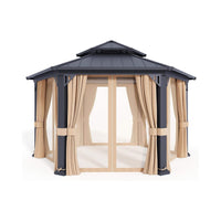 [13X15FT] Alora Double-Tier Hexagonal Metal Hardtop Patio Gazebo With Curtains
