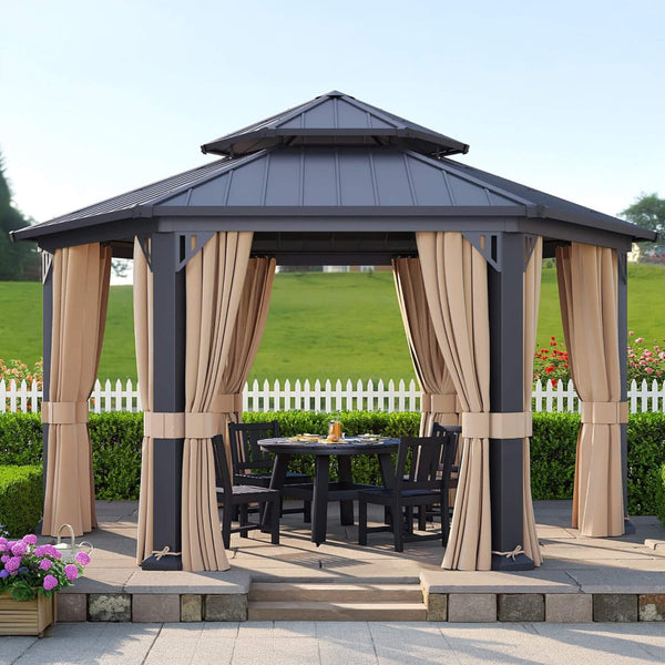 [13X15FT] Alora Double-Tier Hexagonal Metal Hardtop Patio Gazebo With Curtains