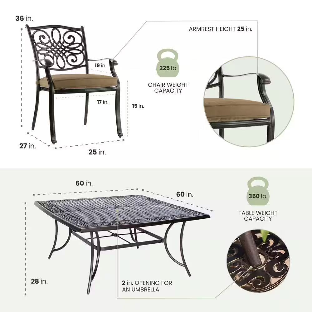 Traditions 9-Piece Aluminium Square Patio Dining Set with Eight Stationary Dining Chairs and Natural Oat Cushions