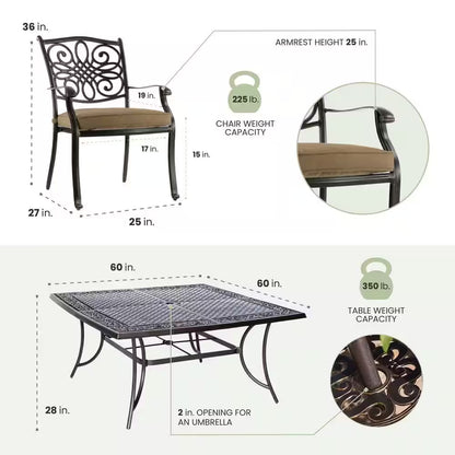 Traditions 9-Piece Aluminium Square Patio Dining Set with Eight Stationary Dining Chairs and Natural Oat Cushions