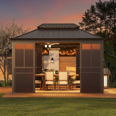 Alora Terrace Fully-Enclosed Outdoor Black Sunroom With Lockable Sliding Doors And Galvanized Double Steel Roof