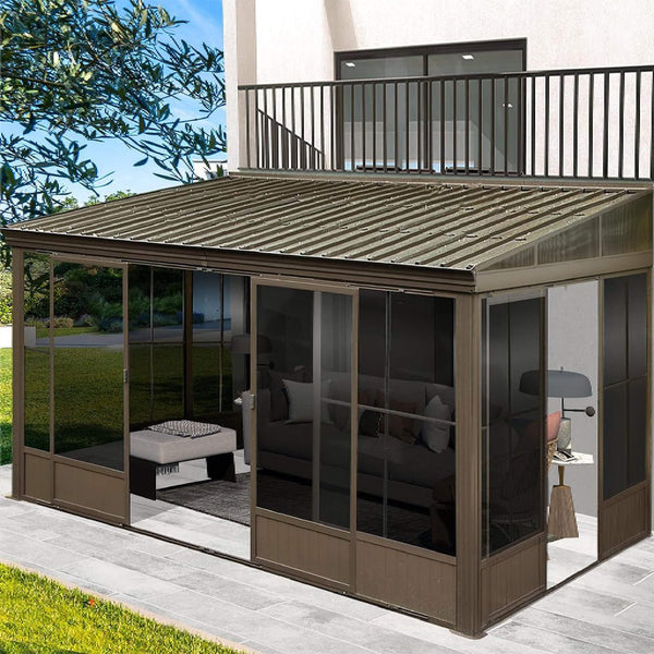 [12X14FT] Alora Haven Large Outdoor All-Season Wall-Mounted Sunroom With Galvanized Steel Roof & Moveable PVC Screen