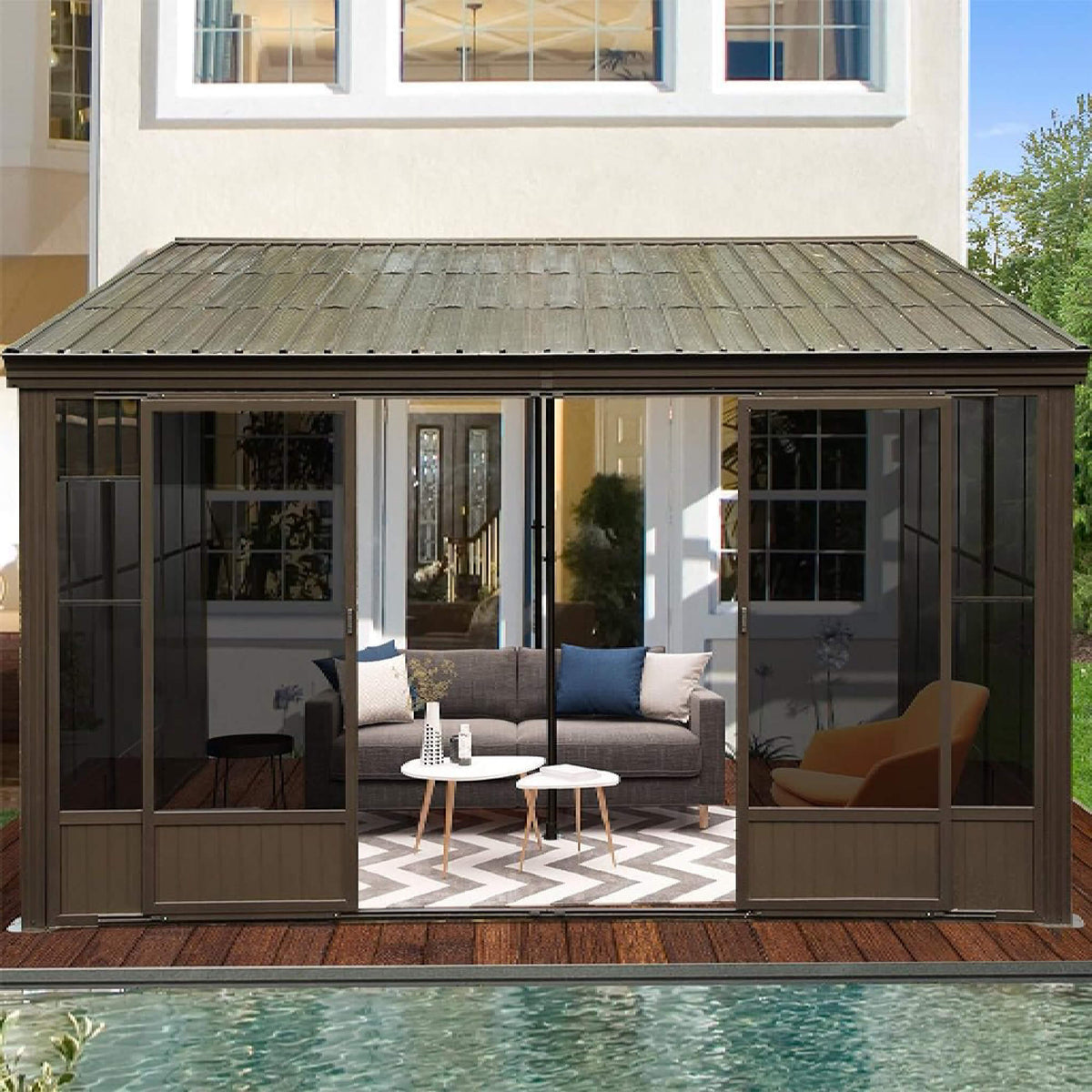 [12X14FT] Alora Haven Large Outdoor All-Season Wall-Mounted Sunroom With Galvanized Steel Roof & Moveable PVC Screen