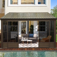 [12X14FT] Alora Haven Large Outdoor All-Season Wall-Mounted Sunroom With Galvanized Steel Roof & Moveable PVC Screen