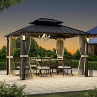 Alora Luxury Double Roof Hardtop Aluminum Gazebo With Decor Hooks, Mosquito Nettings, And LED Lights
