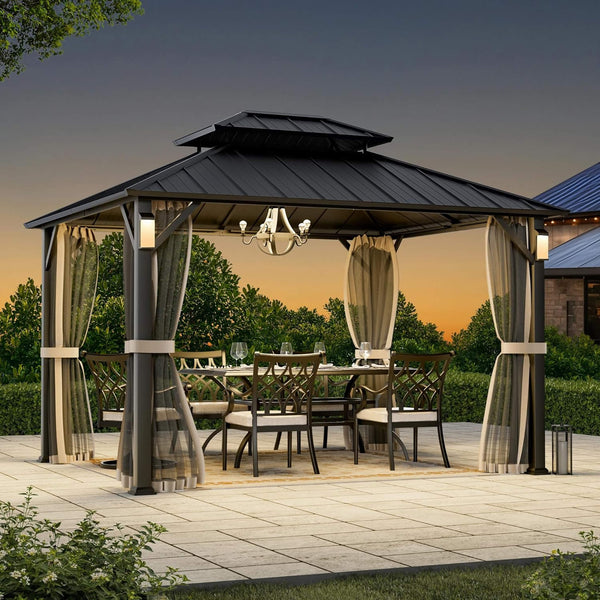 Alora Luxury Double Roof Hardtop Aluminum Gazebo With Decor Hooks, Mosquito Nettings, And LED Lights