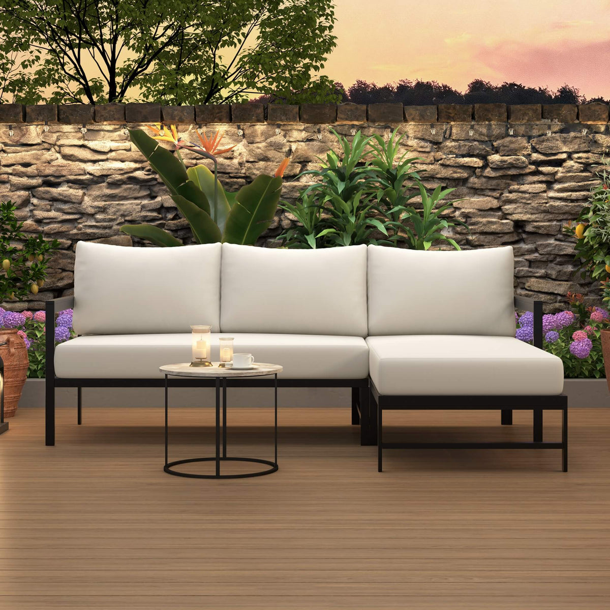 Alora Outdoor 3-Person L-Shaped Patio Sofa With Iron Frame And Thick Cushions [No Coffee Table]
