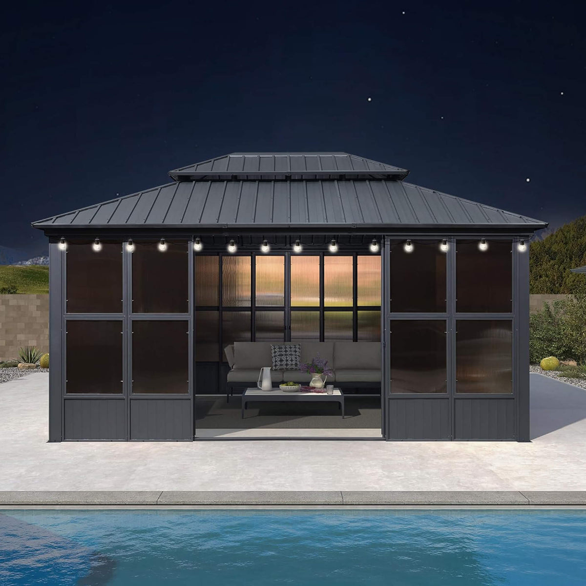 Alora Vista Outdoor Hardtop Aluminum Solarium With Double Roof And LED Lights