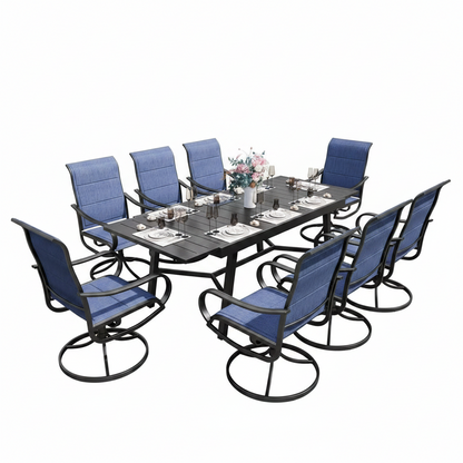 Black 9-Piece Metal Outdoor Patio Dining Set with Extendable Table and Padded Blue Textilene Swivel Chairs