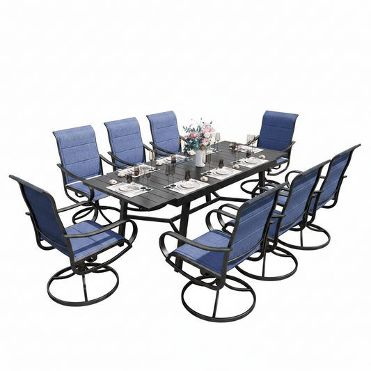 Black 9-Piece Metal Outdoor Patio Dining Set with Extendable Table and Padded Blue Textilene Swivel Chairs