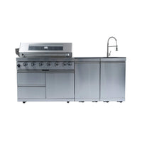 Castelle Flame Tuscany Outdoor BBQ Liquid Propane Kitchen Grill Island With 43-Inch 6-Burner 85K BTU Propane Gas Grill, Rotisserie Kit, And Storage Cabinets