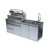 Castelle Flame Tuscany Outdoor BBQ Liquid Propane Kitchen Grill Island With 43-Inch 6-Burner 85K BTU Propane Gas Grill, Rotisserie Kit, And Storage Cabinets